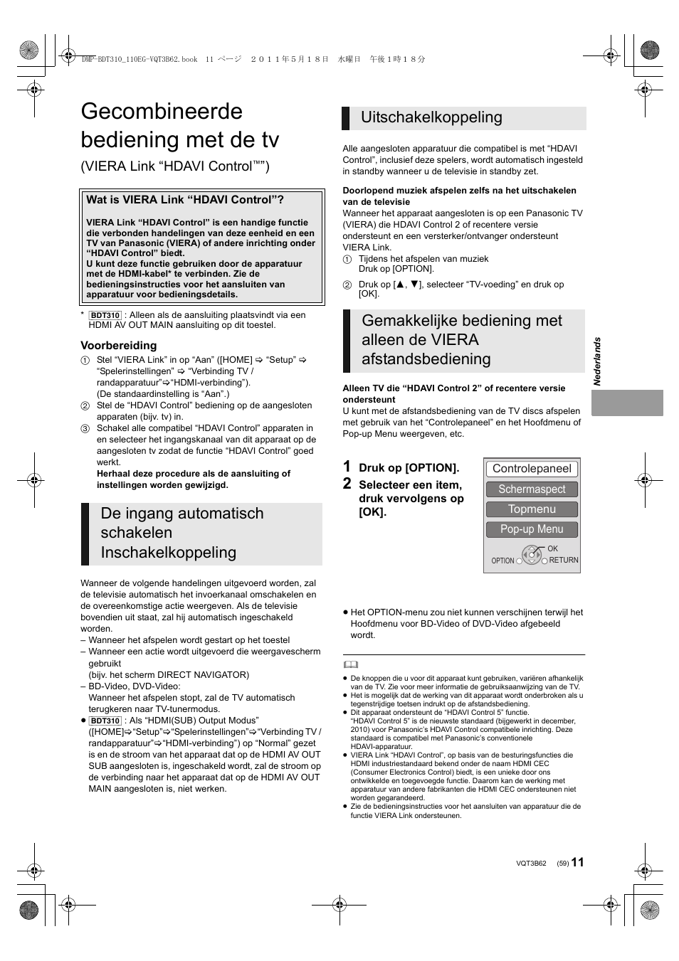 Gecombineerde bediening met de tv, Viera link “hdavi control | Panasonic DMPBDT210 User Manual | Page 59 / 136