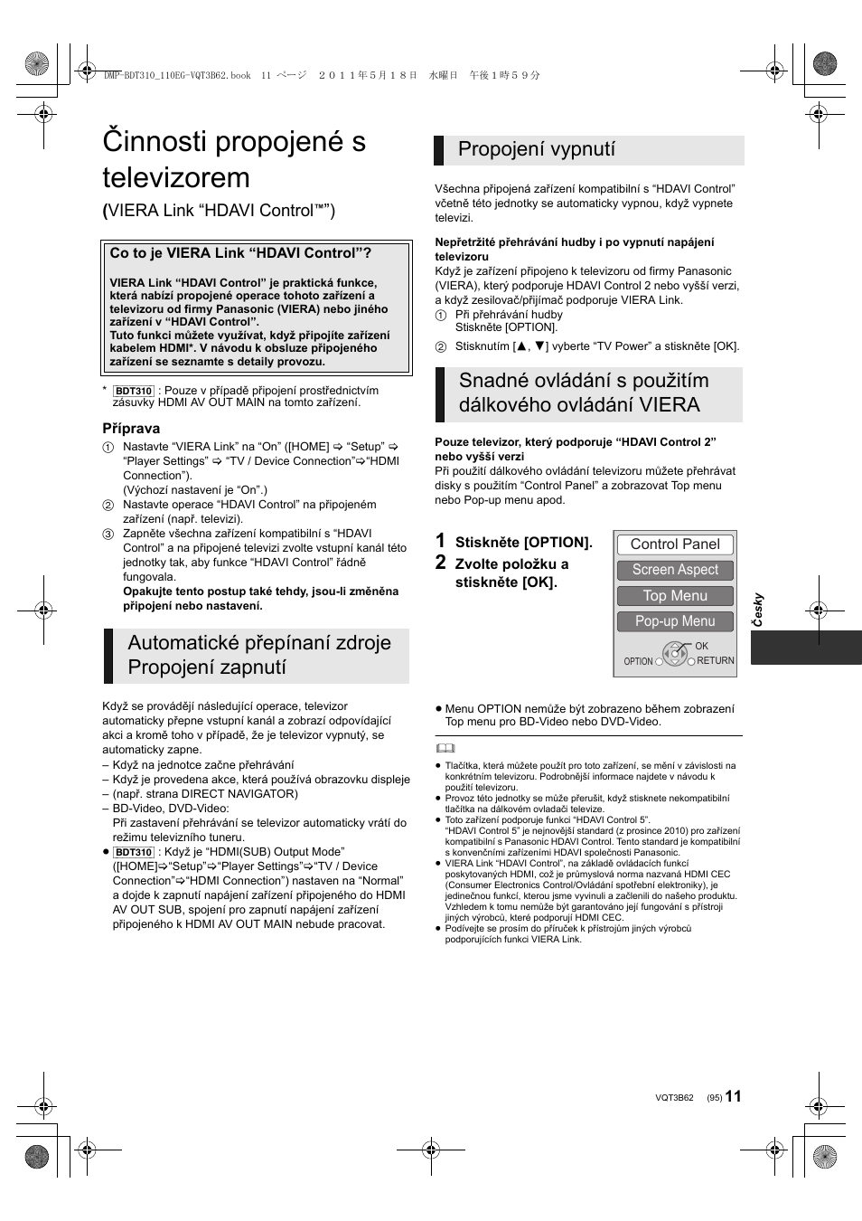 Činnosti propojené s televizorem, Viera link “hdavi control | Panasonic DMPBDT210 User Manual | Page 95 / 136
