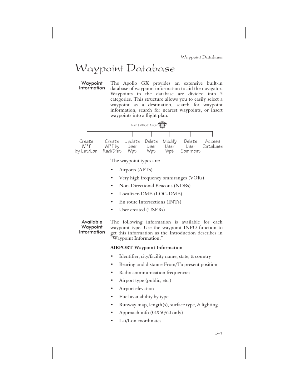 Waypoint database 5-1, Waypoint information 5-1, Available waypoint information 5-1 | Airport info 5-1, Database 5-1 - 5-16, Waypoint database -1, Waypoint information -1, Available waypoint information -1, Waypoint database | Apollo 65 User Manual | Page 111 / 324