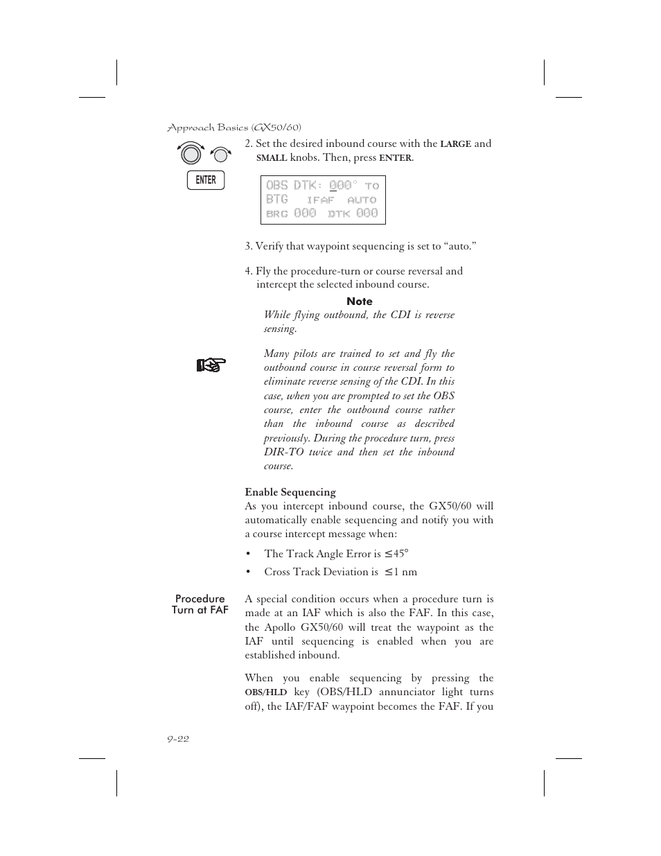 Procedure turn at faf 9-22, Cdi reverse sensing 9-22, Procedure turn at faf -22 | Apollo 65 User Manual | Page 212 / 324
