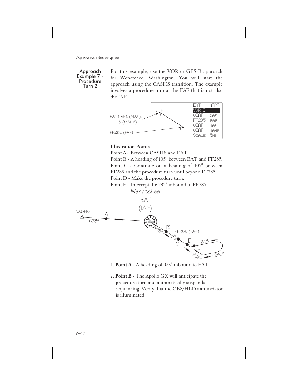 Approach example 7 - procedure turn 2 9-68, Approach example 7 - procedure turn 2 -68, Wenatchee eat (iaf) | Ab c d e | Apollo 65 User Manual | Page 258 / 324