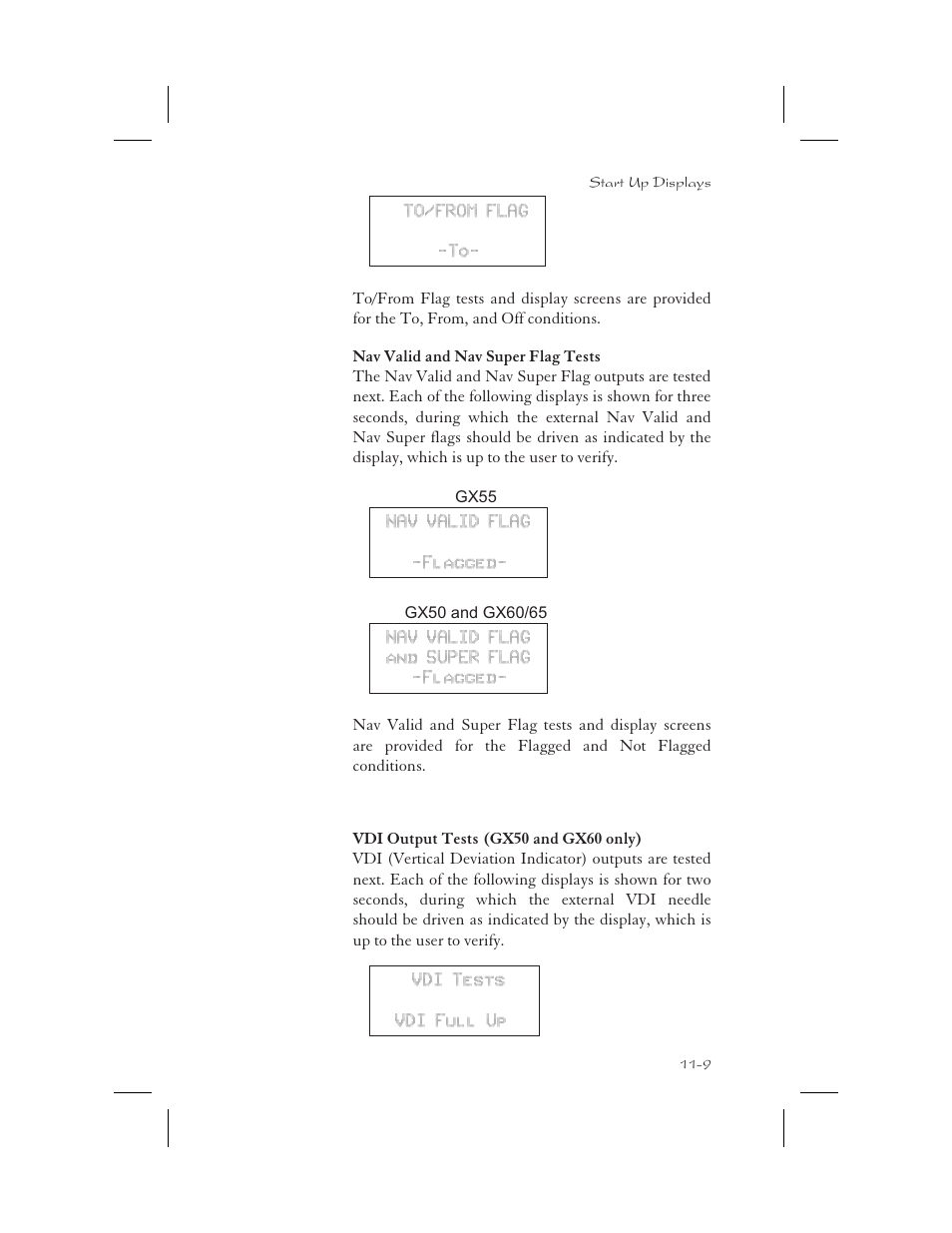 Nav superflag tests 11-9, Nav valid flag tests 11-9, Vdi output tests 11-9 | Apollo 65 User Manual | Page 289 / 324
