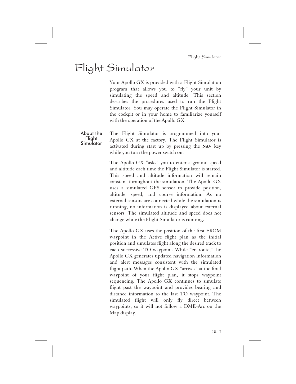 Flight simulator 12-1, About the flight simulator 12-1, Flight simulator 12-1 - 12-4 | Flight simulator -1, About the flight simulator -1, Flight simulator | Apollo 65 User Manual | Page 293 / 324