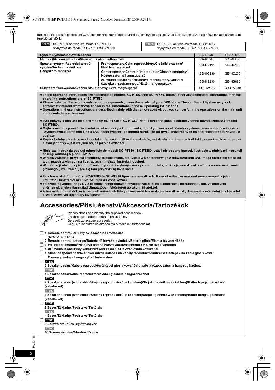 Accessories/příslušenství/akcesoria/tartozékok | Panasonic SCPT880EP User Manual | Page 2 / 102