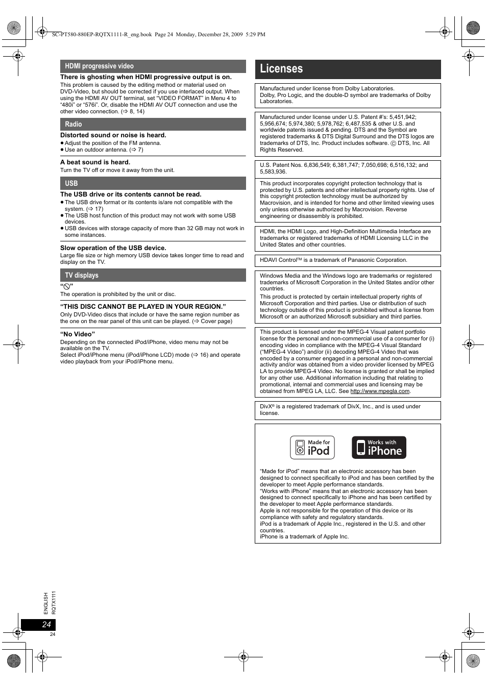 Licenses | Panasonic SCPT880EP User Manual | Page 24 / 102