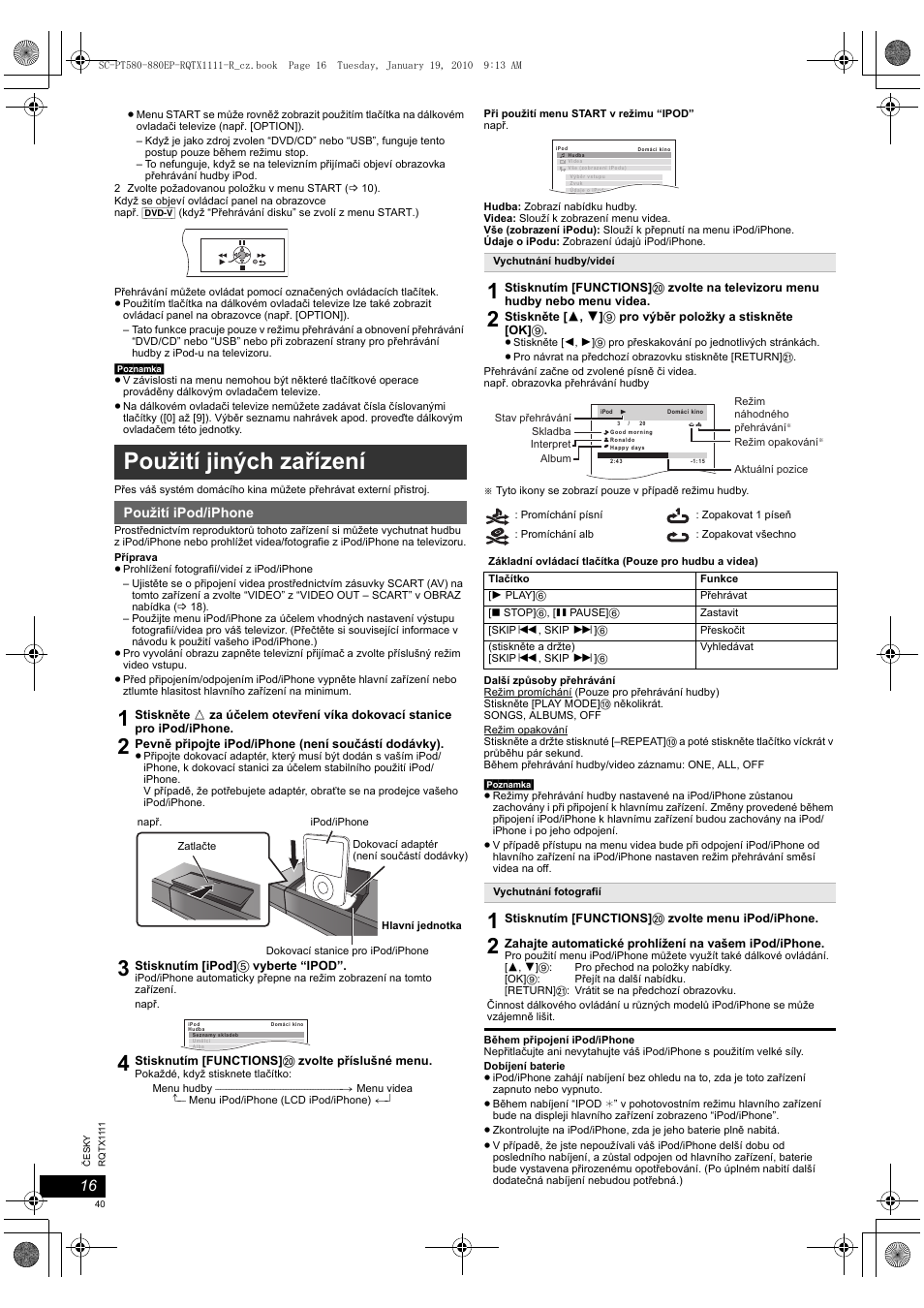 Použití jiných zařízení | Panasonic SCPT880EP User Manual | Page 40 / 102