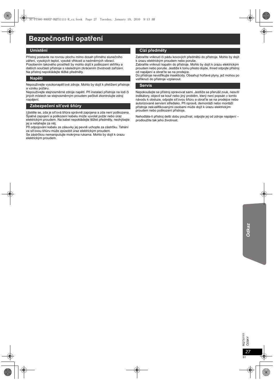 Bezpečnostní opatření | Panasonic SCPT880EP User Manual | Page 51 / 102
