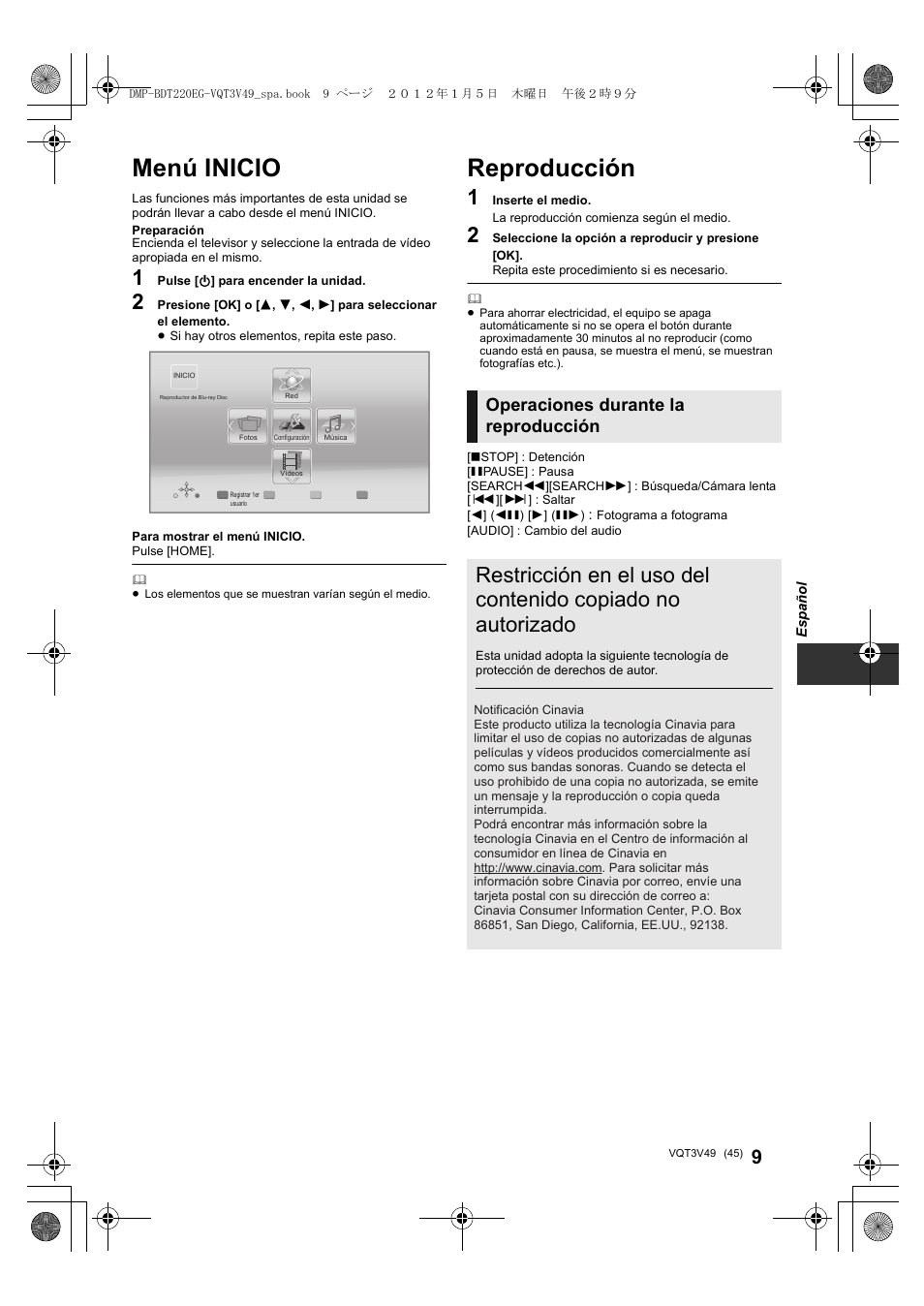 Menú inicio, Reproducción, Operaciones durante la reproducción | Panasonic DMPBDT221EG User Manual | Page 45 / 136