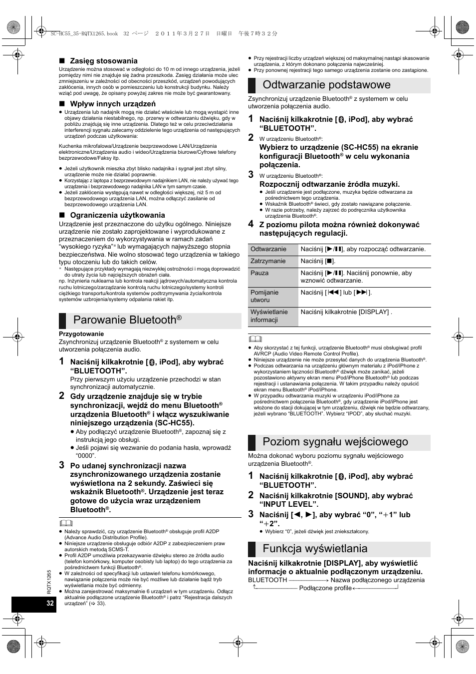 Parowanie bluetooth, Odtwarzanie podstawowe, Poziom sygnału wejściowego funkcja wyświetlania | Panasonic SCHC35EP User Manual | Page 32 / 92
