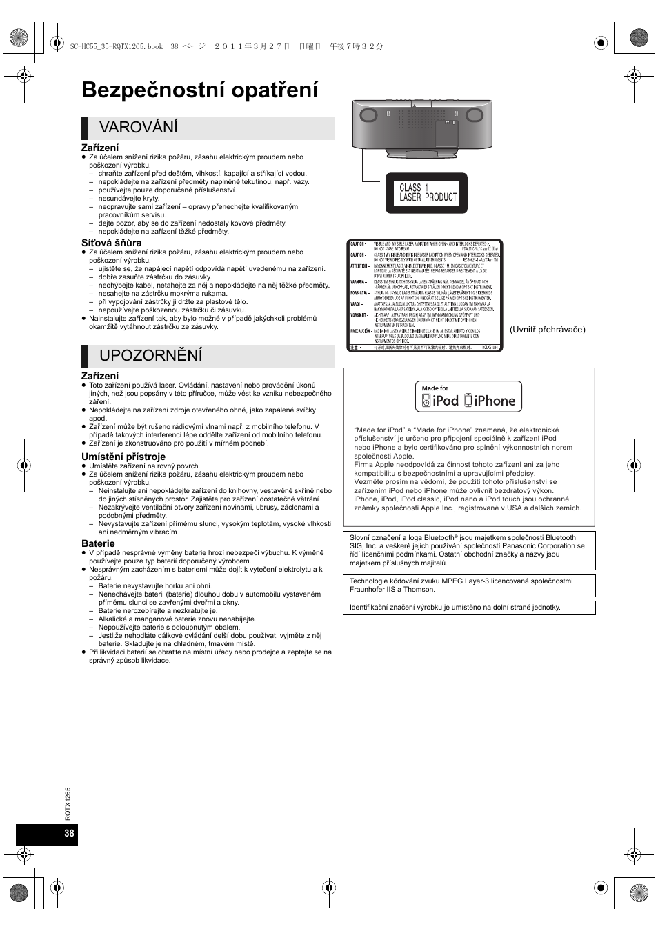 Bezpečnostní opatření, Varování upozornění | Panasonic SCHC35EP User Manual | Page 38 / 92
