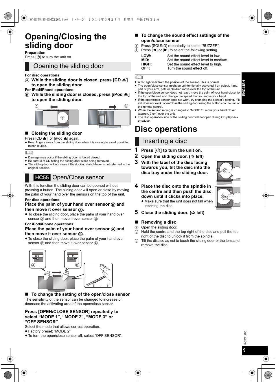 Opening/closing the sliding door, Disc operations, Opening the sliding door [hc55 | Inserting a disc, Open/close sensor | Panasonic SCHC35EP User Manual | Page 9 / 92