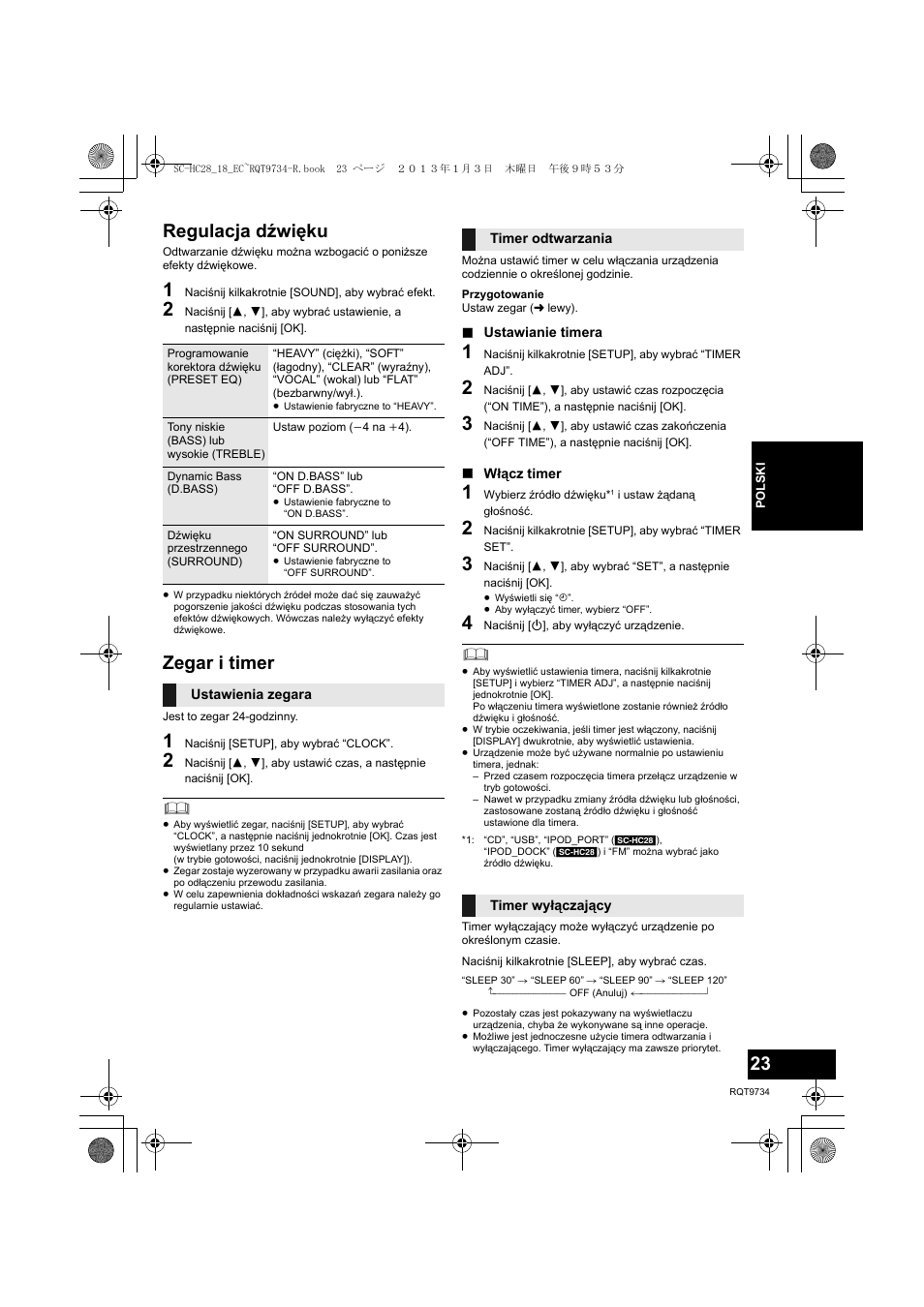 Regulacja dźwięku, Zegar i timer | Panasonic SCHC28EC User Manual | Page 23 / 100
