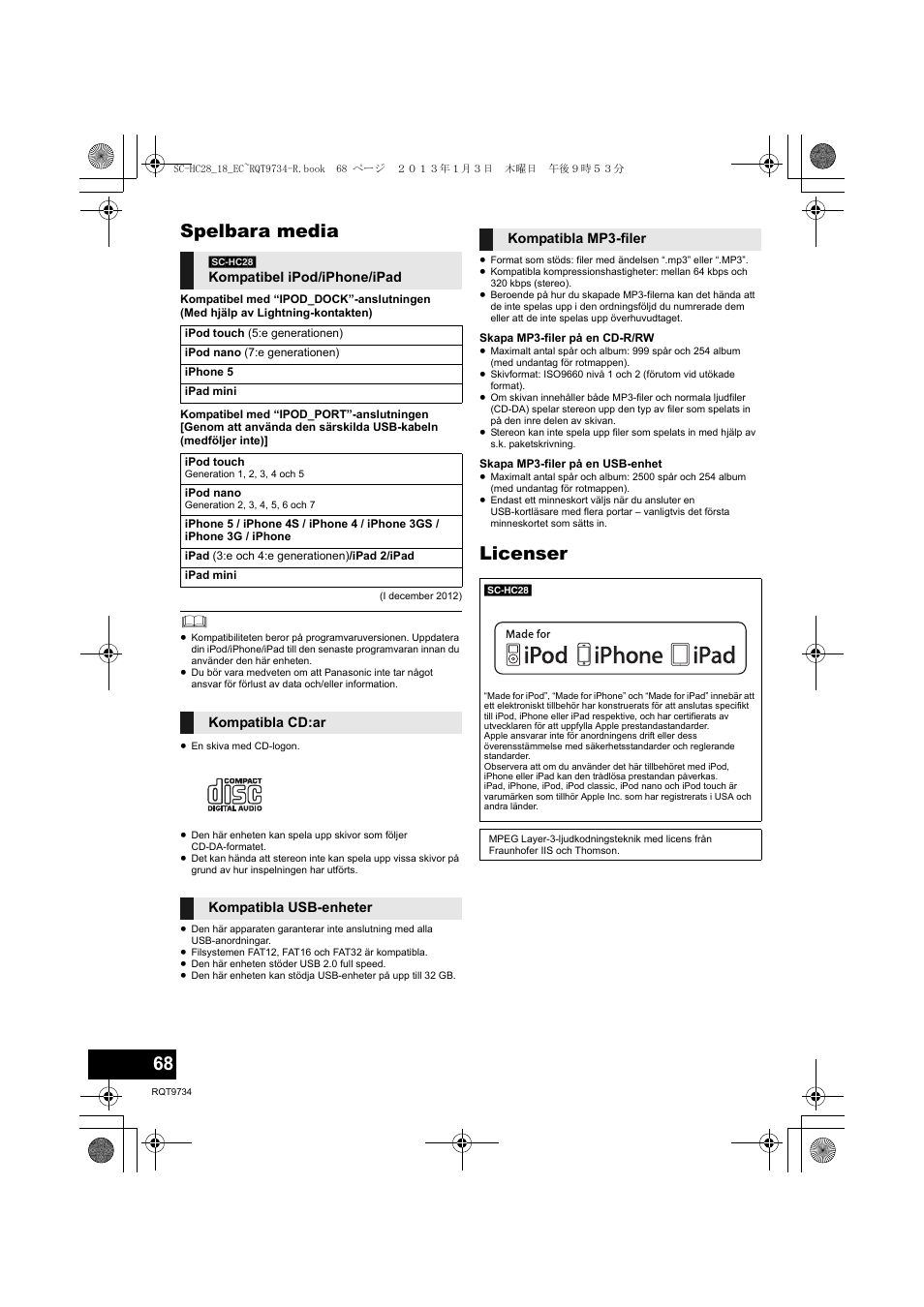 Spelbara media, Licenser | Panasonic SCHC28EC User Manual | Page 68 / 100