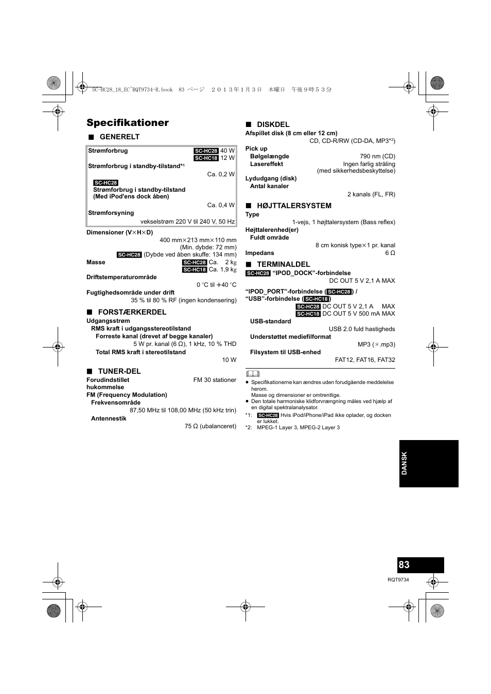 Specifikationer | Panasonic SCHC28EC User Manual | Page 83 / 100