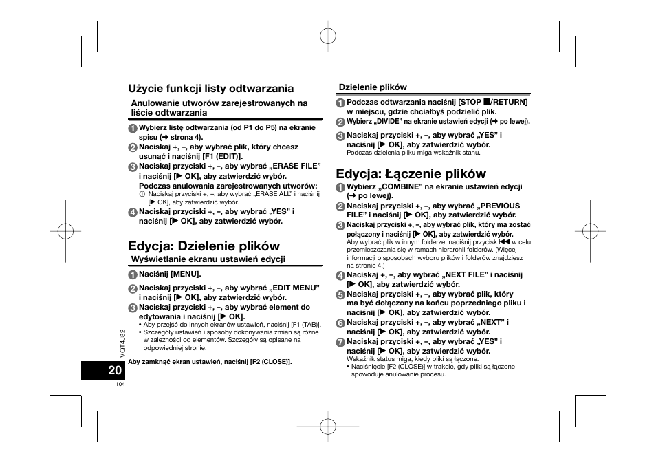 Edycja: dzielenie plików, Edycja: £¹czenie plików, U¿ycie funkcji listy odtwarzania | Panasonic RRXS420E User Manual | Page 104 / 226