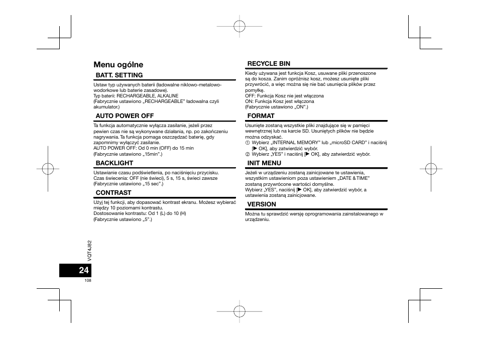 Menu ogólne | Panasonic RRXS420E User Manual | Page 108 / 226