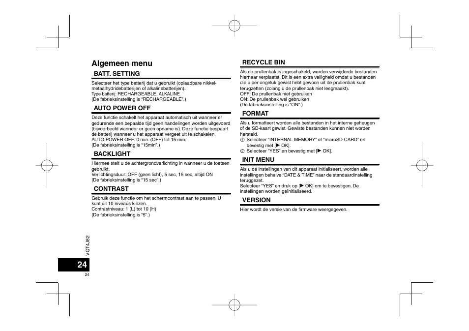 Algemeen menu | Panasonic RRXS420E User Manual | Page 24 / 226