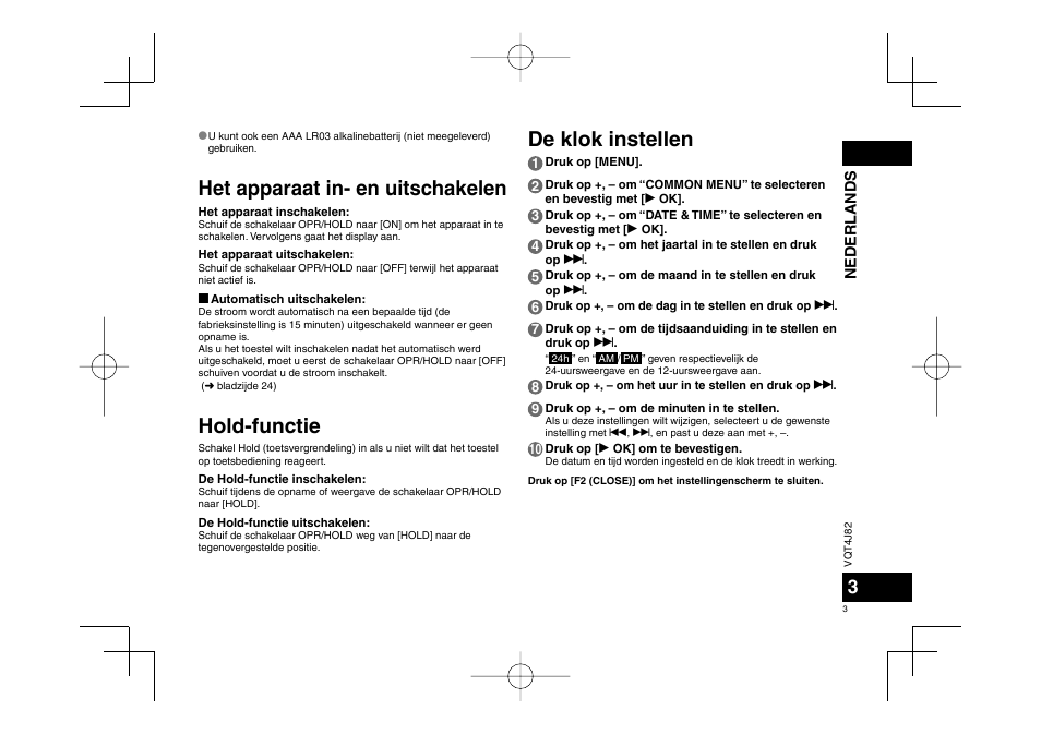 Het apparaat in- en uitschakelen, Hold-functie, De klok instellen | Panasonic RRXS420E User Manual | Page 3 / 226
