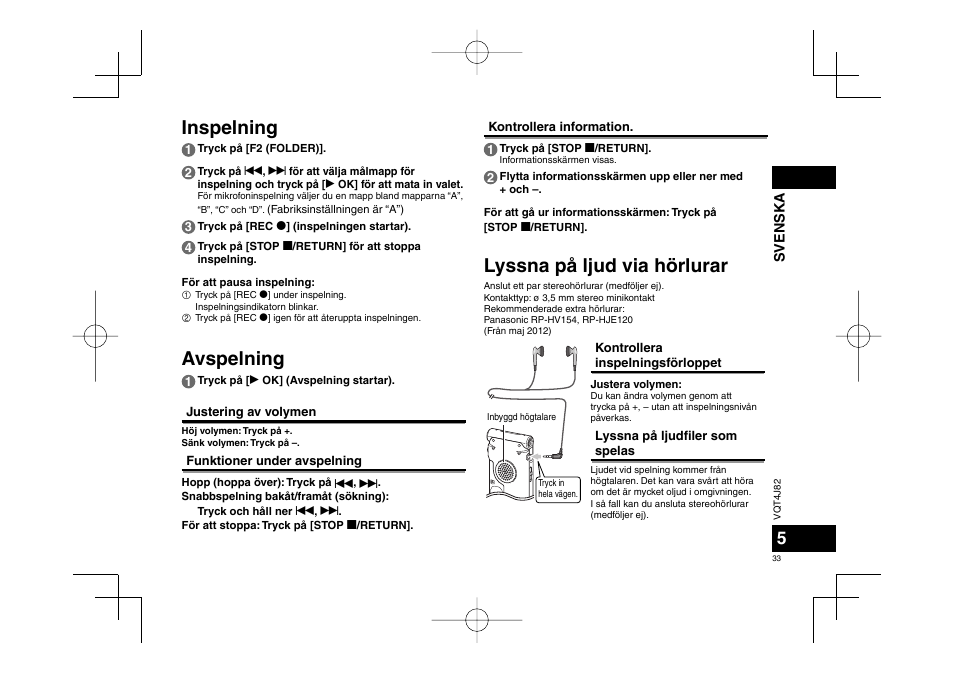 Lyssna på ljud via hörlurar, Inspelning avspelning | Panasonic RRXS420E User Manual | Page 33 / 226