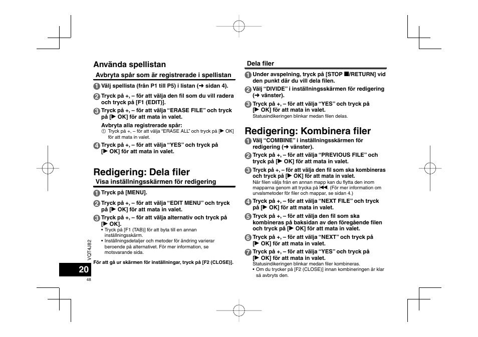 Redigering: dela fi ler, Redigering: kombinera fi ler, Använda spellistan | Panasonic RRXS420E User Manual | Page 48 / 226