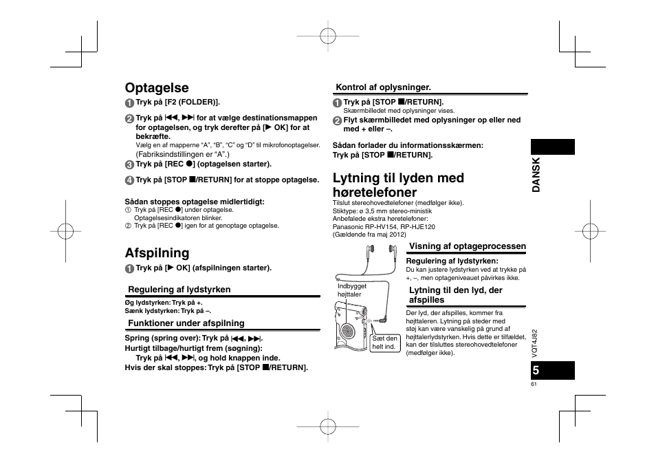 Lytning til lyden med høretelefoner, Optagelse afspilning | Panasonic RRXS420E User Manual | Page 61 / 226