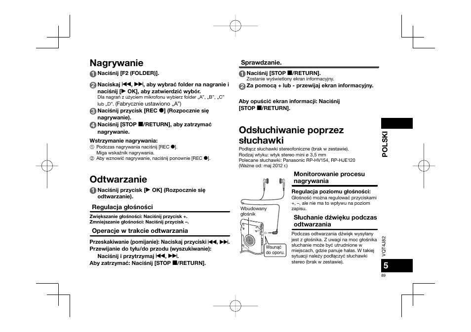Ods³uchiwanie poprzez s³uchawki, Nagrywanie odtwarzanie | Panasonic RRXS420E User Manual | Page 89 / 226