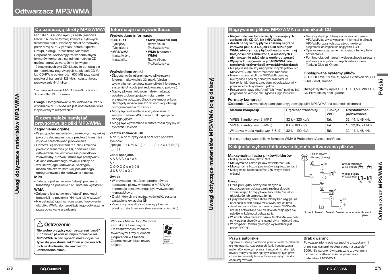 Odtwarzacz mp3/wma, Polski, Ostrzeżenie | Uw agi dot yczące mater iałó w mp3/wma | Panasonic CQC3305N User Manual | Page 12 / 36