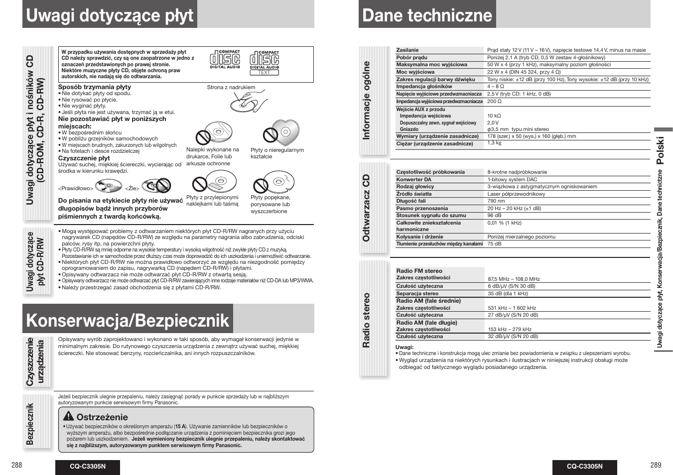 Dane techniczne, Uwagi dotyczące płyt, Konserwacja/bezpiecznik | Polski | Panasonic CQC3305N User Manual | Page 17 / 36