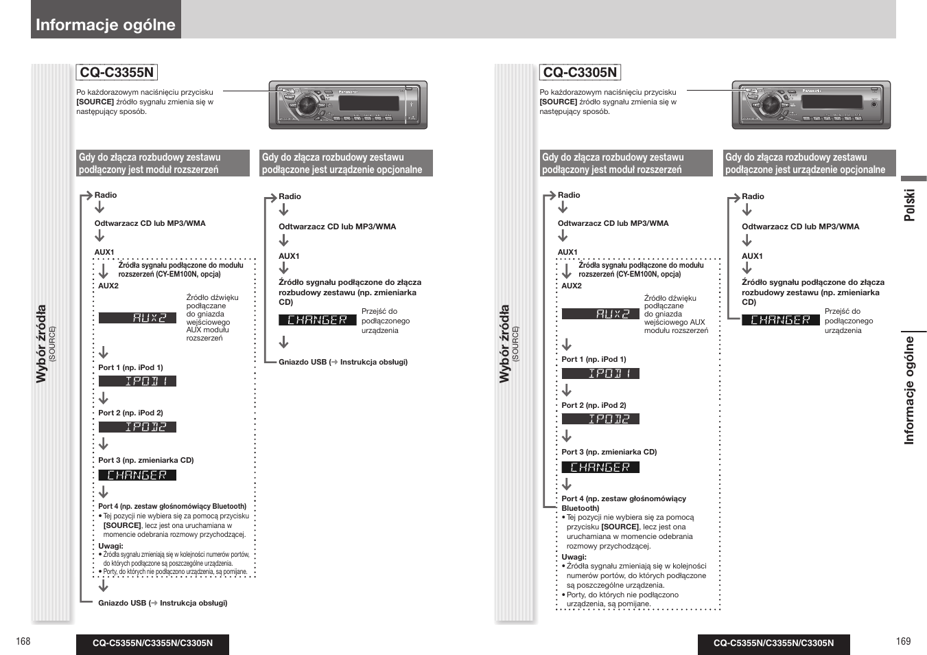 Informacje ogólne, Cq-c3355n, Cq-c3305n | Polski, Wybór źr ódła, Inf or macje ogólne w ybór źr ódła | Panasonic CQC3305N User Manual | Page 28 / 36