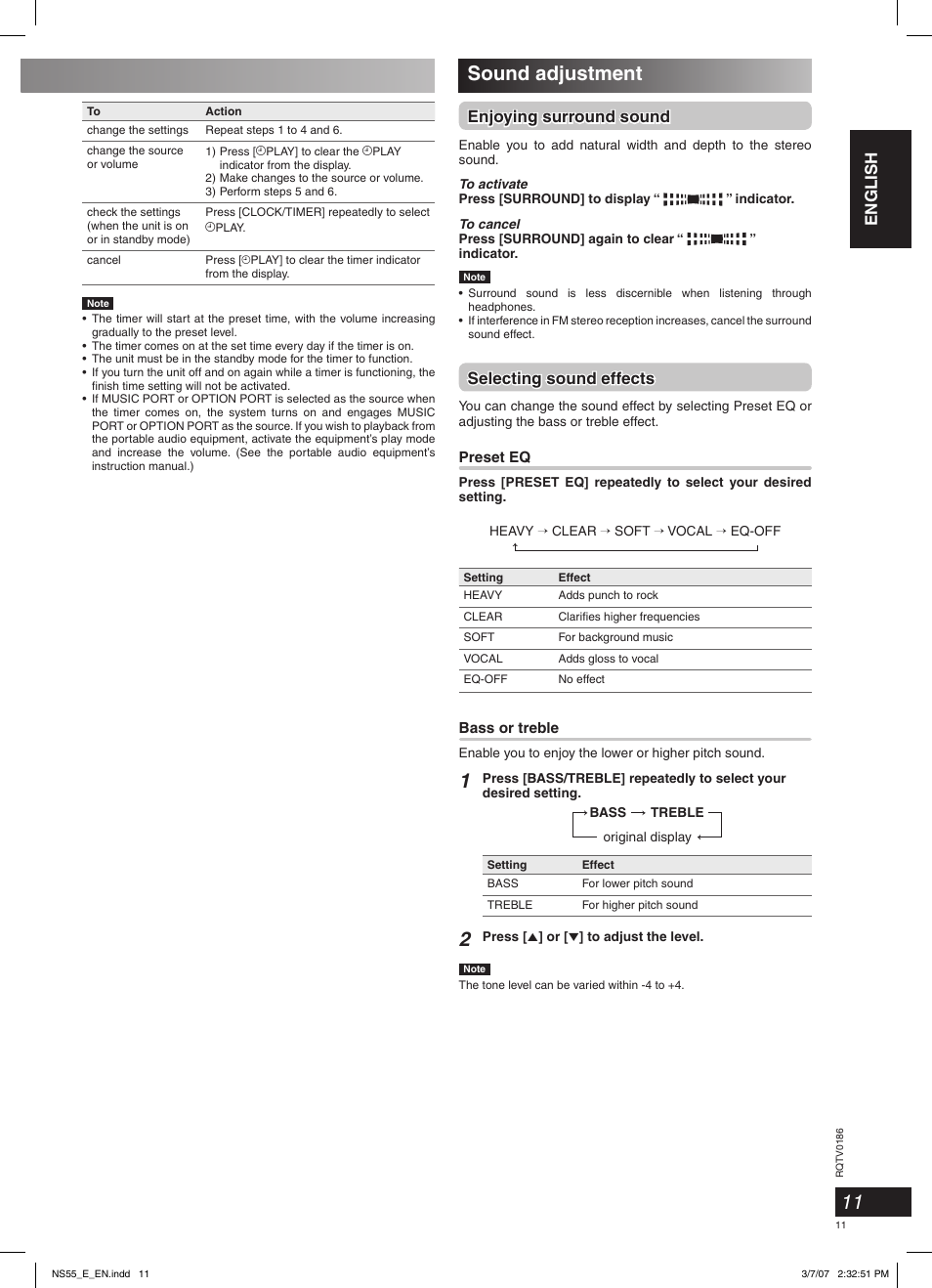 Sound adjustment, English, Enjoying surround sound | Selecting sound effects | Panasonic SCNS55 User Manual | Page 11 / 58