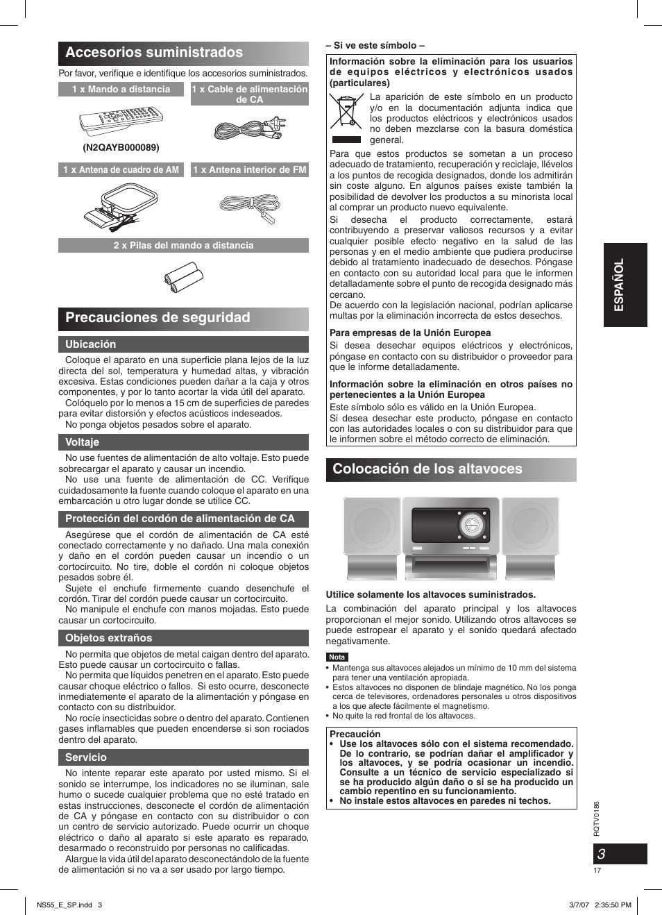 Colocación de los altavoces, Accesorios suministrados, Precauciones de seguridad | Esp añol | Panasonic SCNS55 User Manual | Page 17 / 58