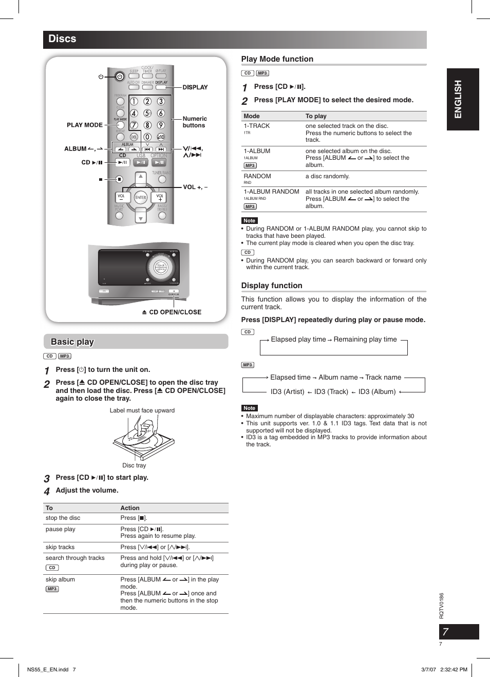Discs, English, Basic play | Panasonic SCNS55 User Manual | Page 7 / 58
