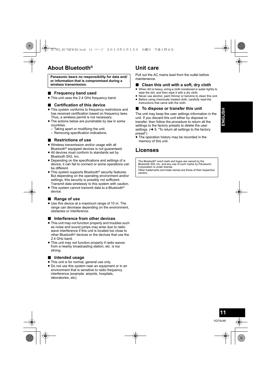 About bluetooth, Unit care, Licenses | Panasonic SCNE1EG User Manual | Page 11 / 40
