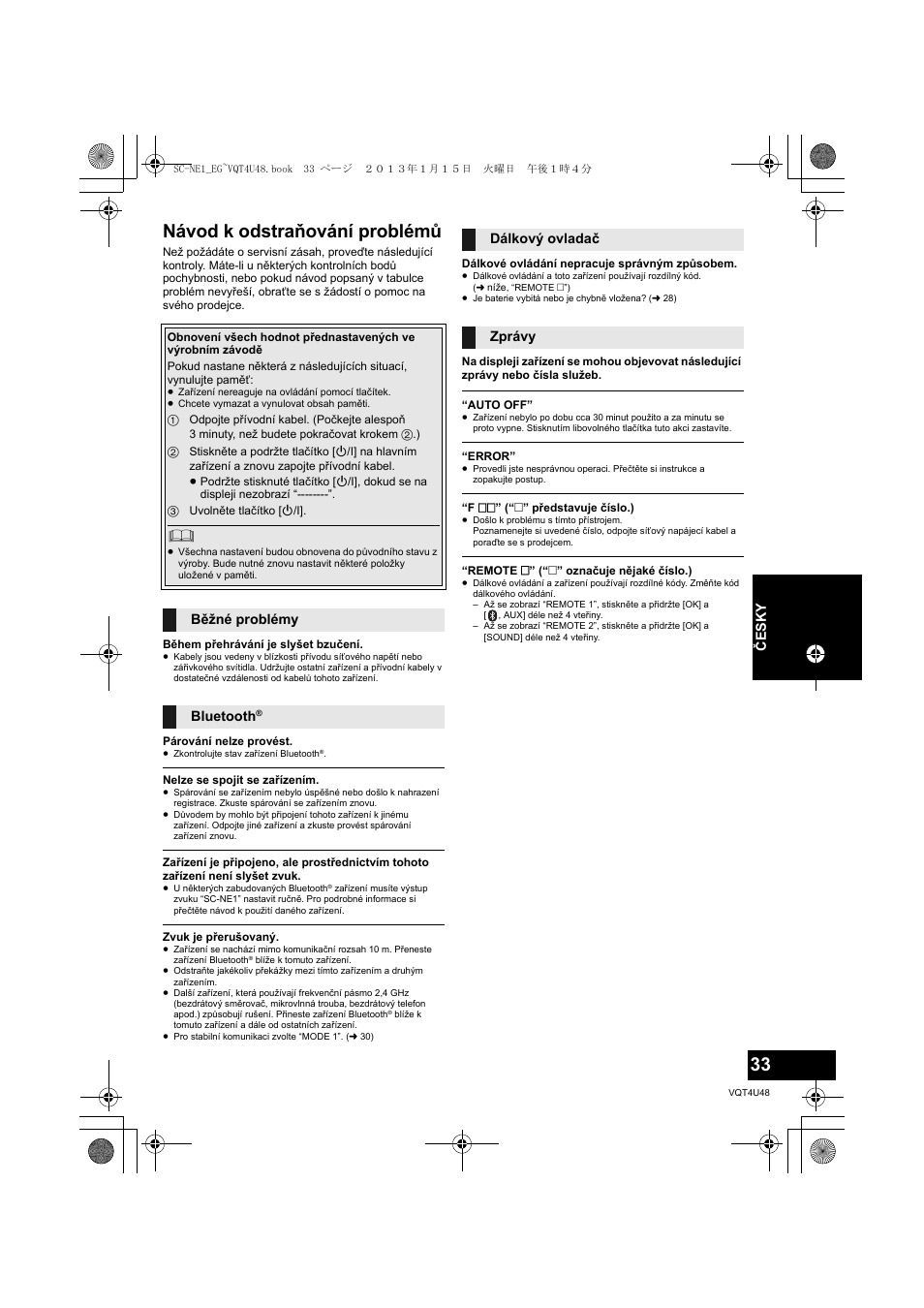 Návod k odstraňování problémů, Česky, Běžné problémy bluetooth | Dálkový ovladač zprávy | Panasonic SCNE1EG User Manual | Page 33 / 40