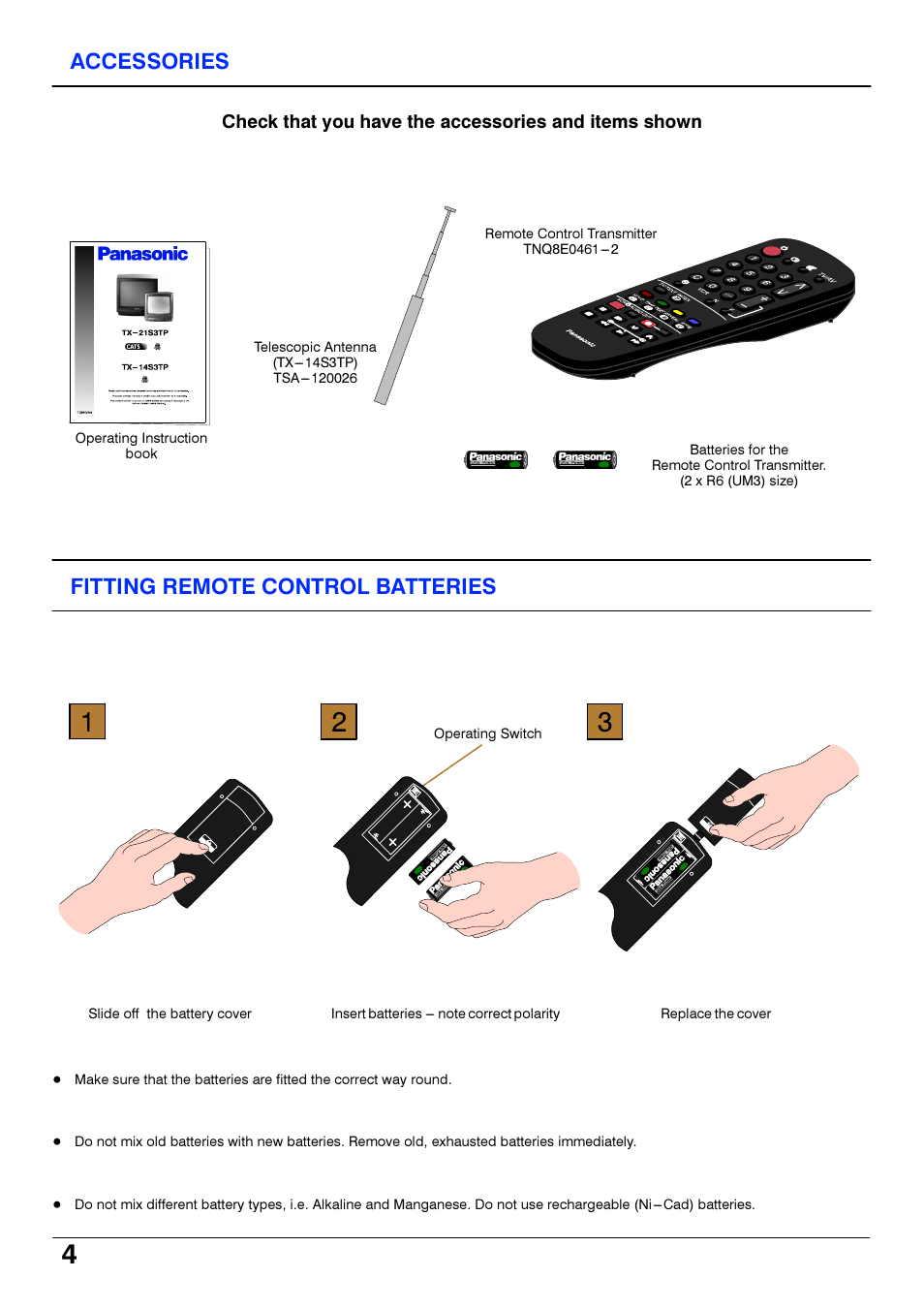 Accessories, Fitting remote control batteries | Panasonic TX21S3TP User Manual | Page 4 / 40