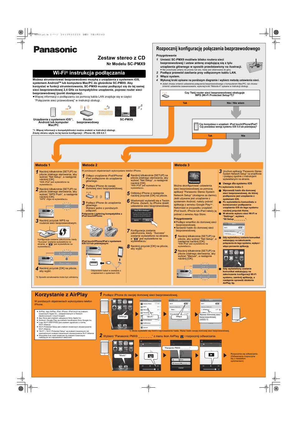 Zestaw stereo z cd, Wi-fi, Instrukcja podłączania | Rozpocznij konfigurację połączenia bezprzewodowego, Korzystanie z airplay | Panasonic SCPMX9EG User Manual | Page 2 / 3