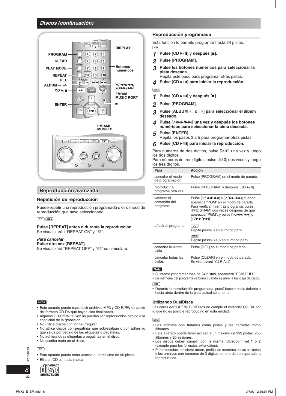 Reproducción avanzada, Discos (continuación) | Panasonic SCPMX2 User Manual | Page 22 / 58