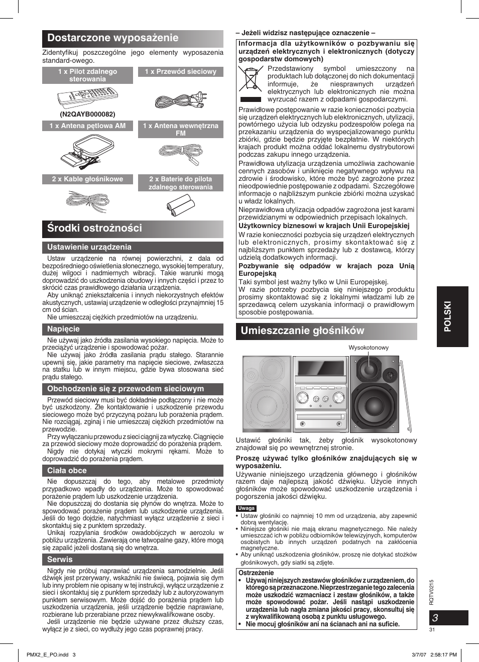 Umieszczanie g∏oêników, Ârodki ostro˝noêci, Dostarczone wyposa˝enie | Polski | Panasonic SCPMX2 User Manual | Page 31 / 58