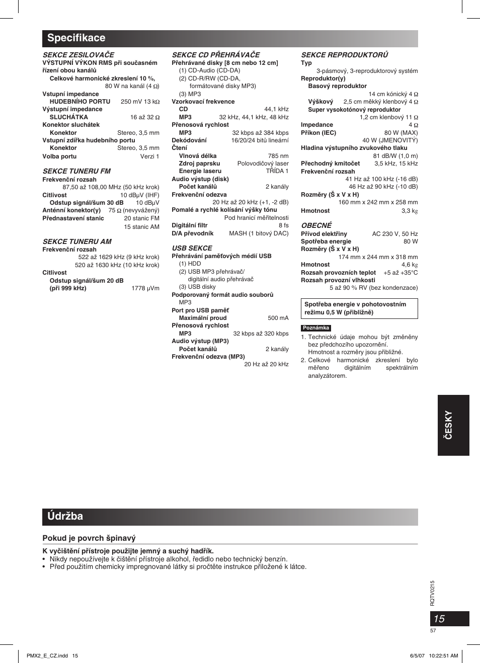 Specifikace, Údrïba, Âesky | Pokud je povrch ‰pinav | Panasonic SCPMX2 User Manual | Page 57 / 58