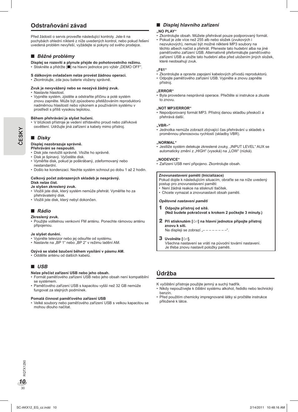 Odstraňování závad, Údržba | Panasonic SCAKX12EG User Manual | Page 30 / 32
