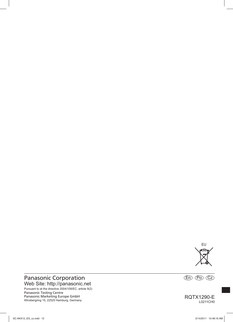Rqtx1290-e | Panasonic SCAKX12EG User Manual | Page 32 / 32