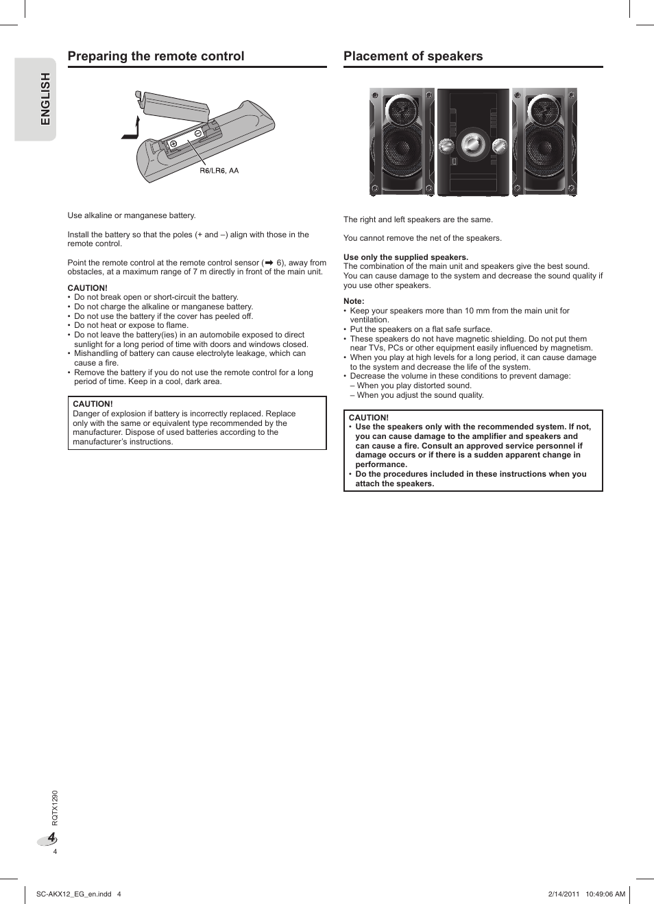 Preparing the remote control, Placement of speakers, En g l is h engl ish | Panasonic SCAKX12EG User Manual | Page 4 / 32