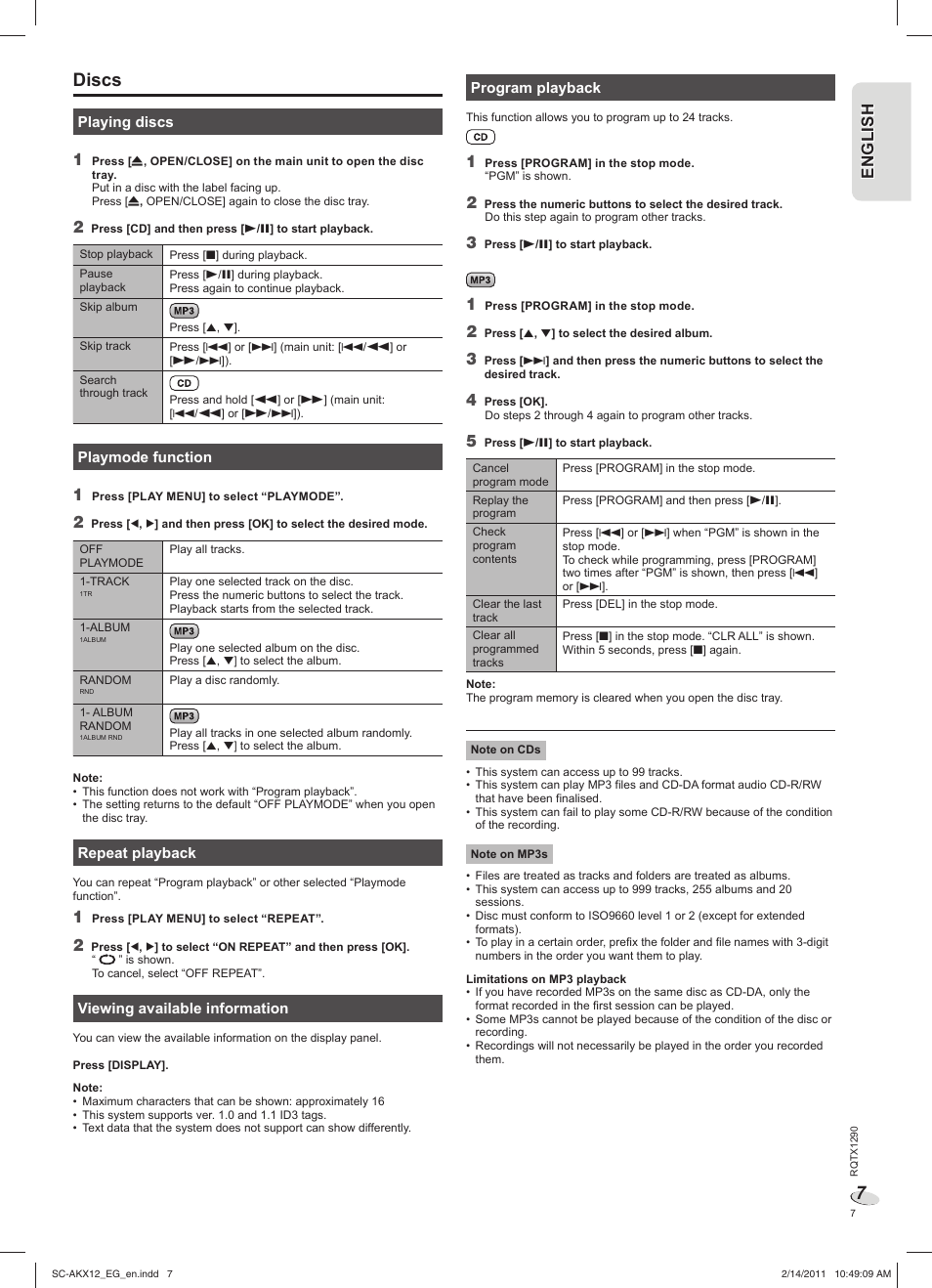 Discs, En g l is h engl ish | Panasonic SCAKX12EG User Manual | Page 7 / 32