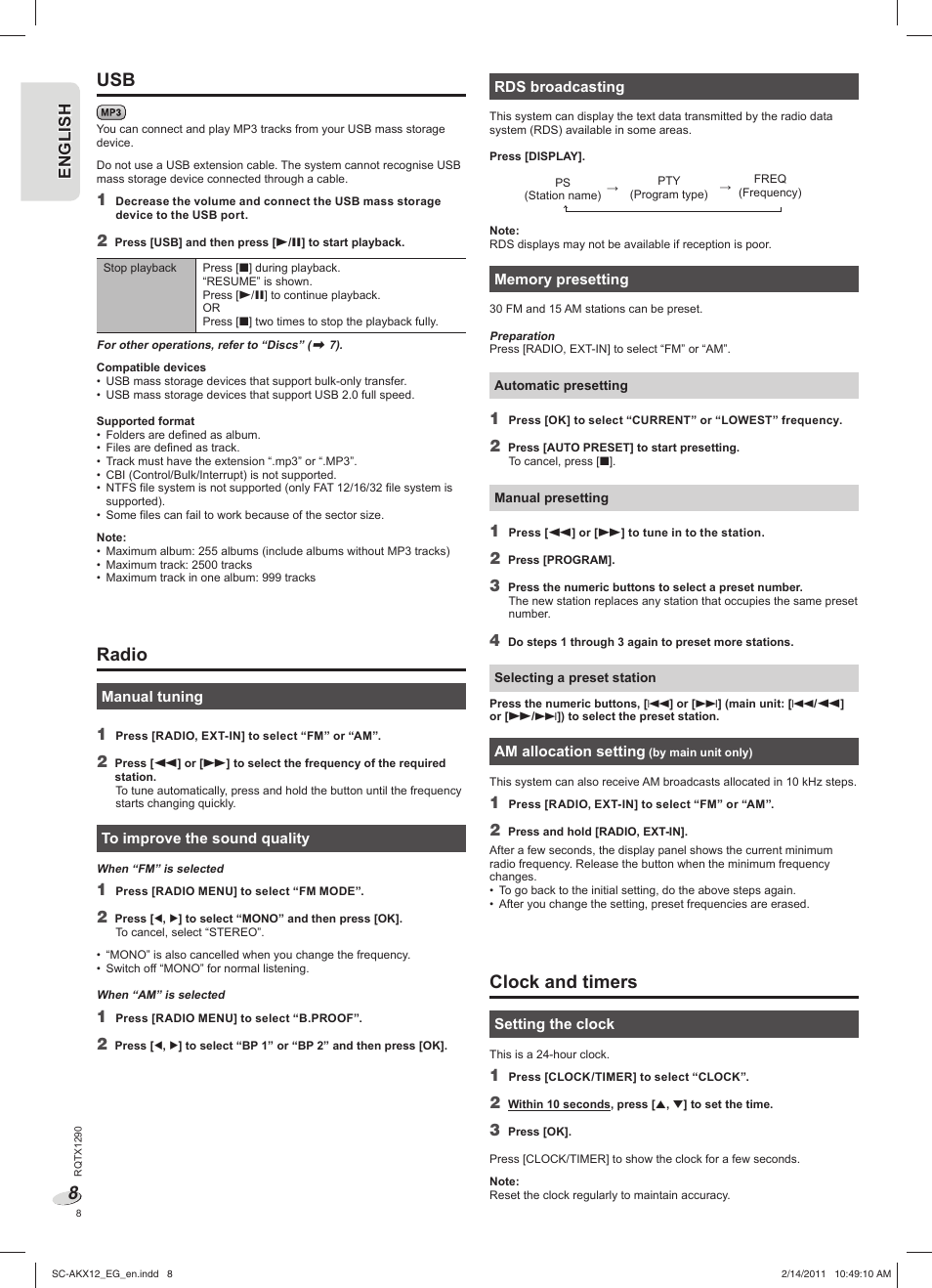 Radio, Clock and timers, En g l is h engl ish | Panasonic SCAKX12EG User Manual | Page 8 / 32