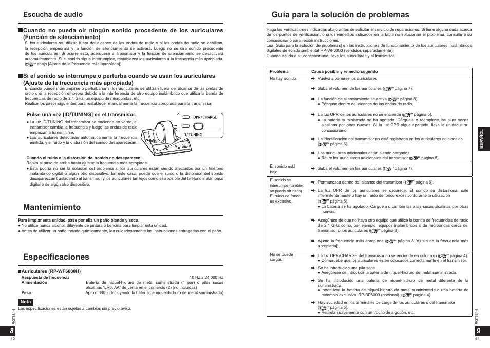 Mantenimiento, Especificaciones, Guía para la solución de problemas | Escucha de audio 9 8 | Panasonic RPWF6000H User Manual | Page 21 / 51