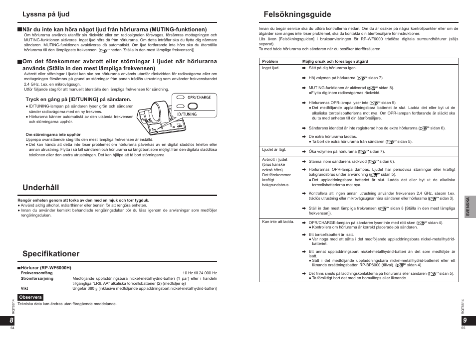 Underhåll, Specifikationer, Felsökningsguide | Lyssna på ljud 9 8 | Panasonic RPWF6000H User Manual | Page 33 / 51