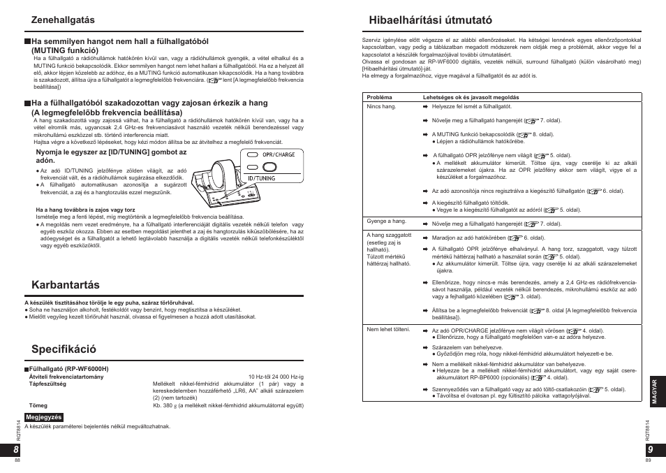 Karbantartás, Specifikáció, Hibaelhárítási útmutató | Zenehallgatás 9 8 | Panasonic RPWF6000H User Manual | Page 45 / 51