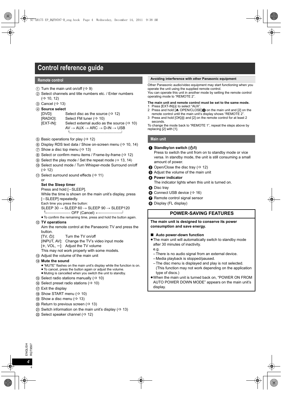 Control reference guide | Panasonic SCXH175EP User Manual | Page 4 / 94