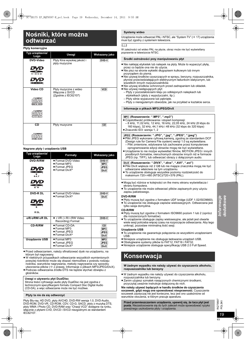 Nośniki, które można odtwarzać, Konserwacja | Panasonic SCXH175EP User Manual | Page 63 / 94