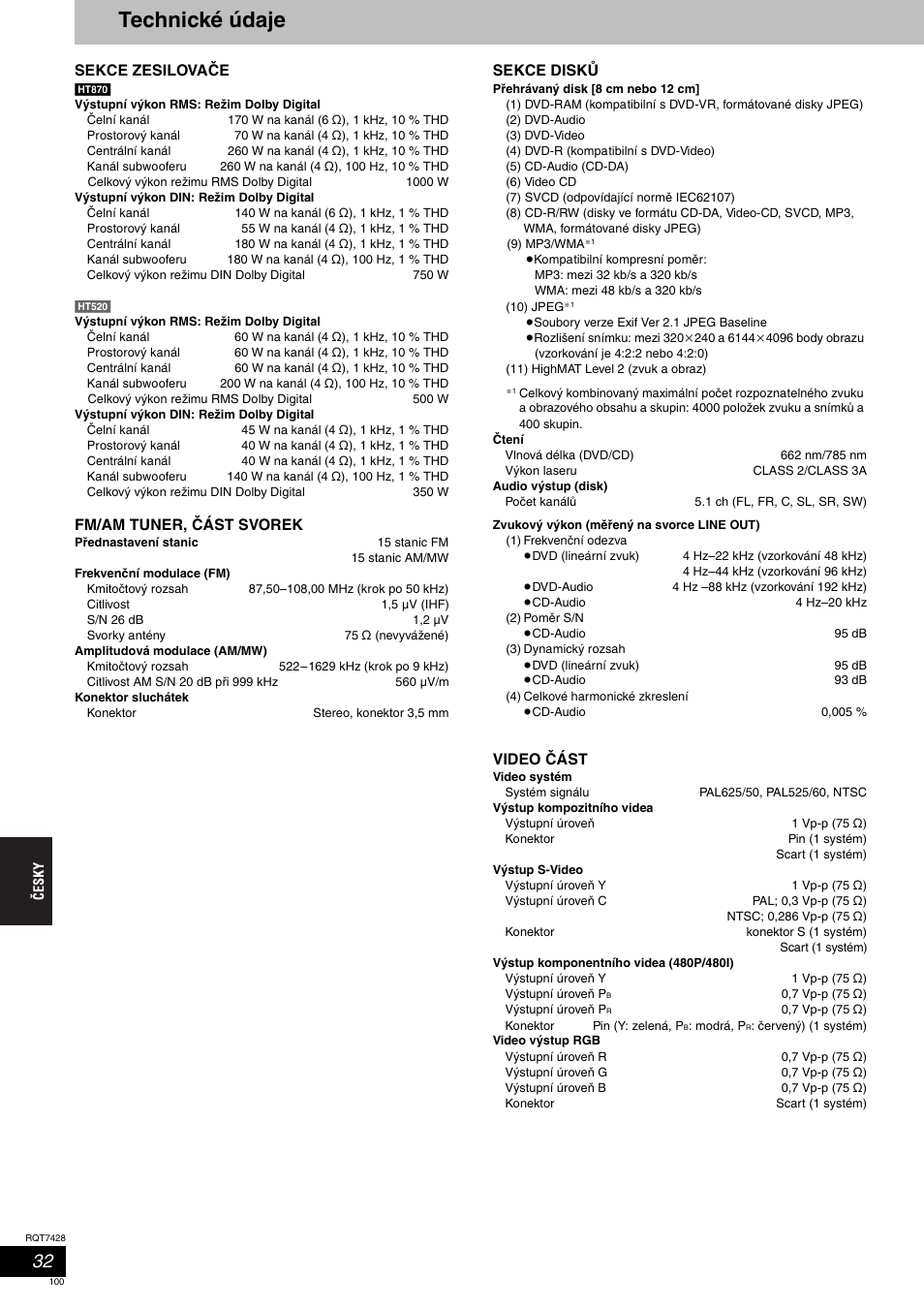 Technické údaje | Panasonic SCHT870 User Manual | Page 100 / 104